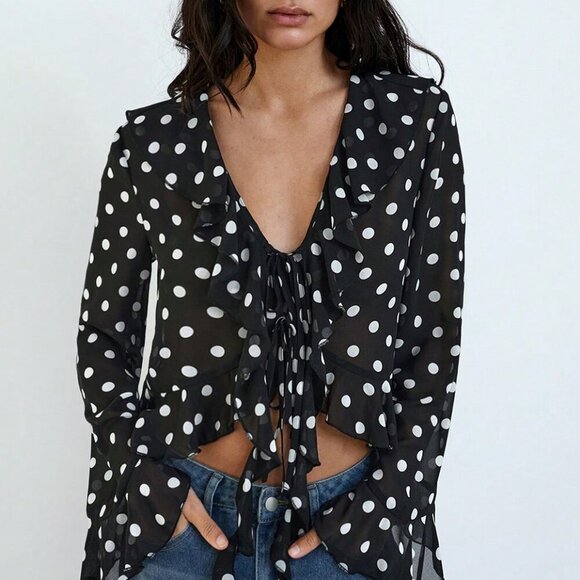 Tops - Black Women's Polka Dot Print Design Front Bow Tie Ruffle details blouse